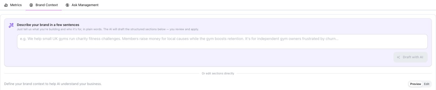 The Brand Context tab. A box reads Describe your brand in a few sentences, with a Draft with AI button, and a link to edit the sections directly.