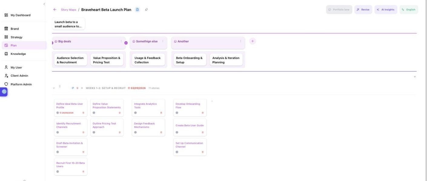A story map with activities across the top, release lanes below, and story cards with status, dates and owners.