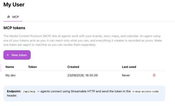 The My User page, MCP tokens section. Text explains that an agent using your token acts as you and everything it creates is recorded as yours.